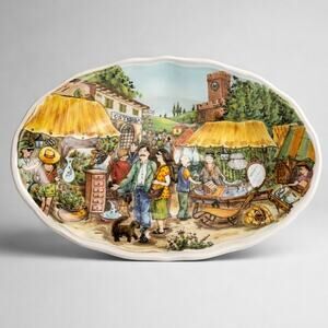 Vintage Italian Market Scene Decorative Oval Plates Set Made in Italy
